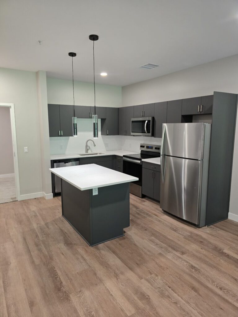 Modern kitchen with dark cabinets, stainless steel appliances, island, and pendant lights on light wood flooring.