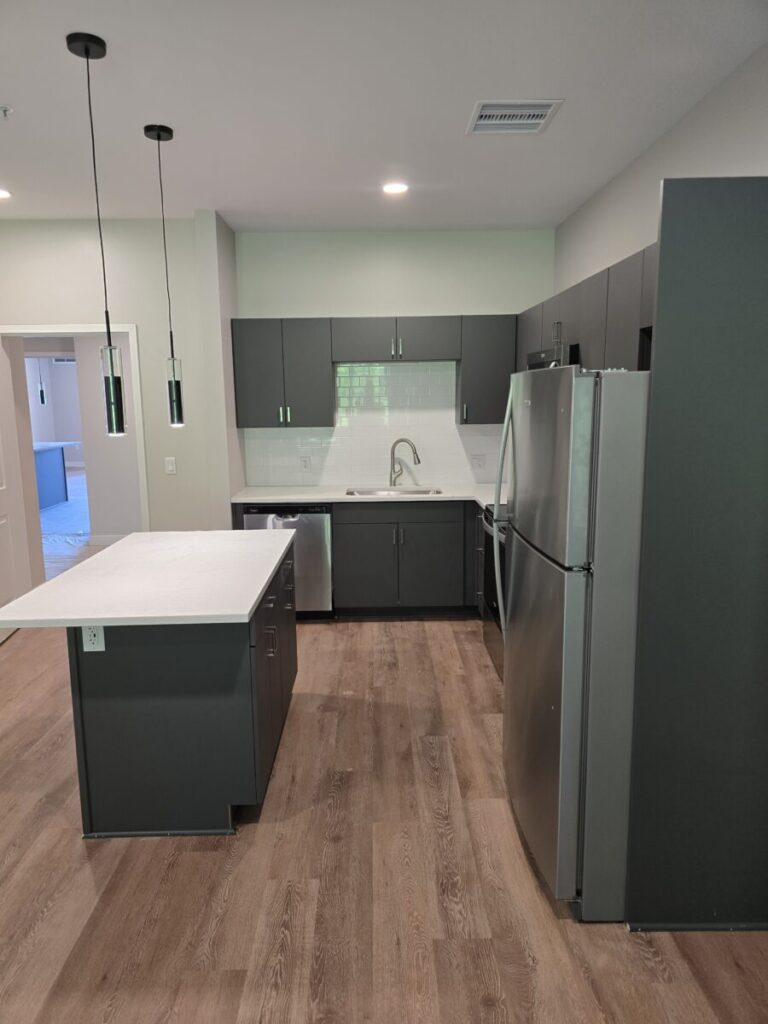 Modern kitchen with dark cabinets, stainless steel appliances, an island, and wood flooring under recessed and pendant lights.
