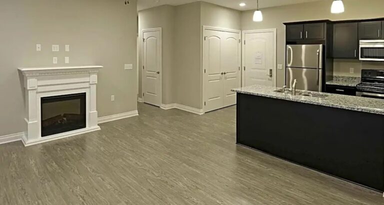 Modern kitchen with stainless steel appliances, granite island, and adjacent living area with fireplace and wood flooring.