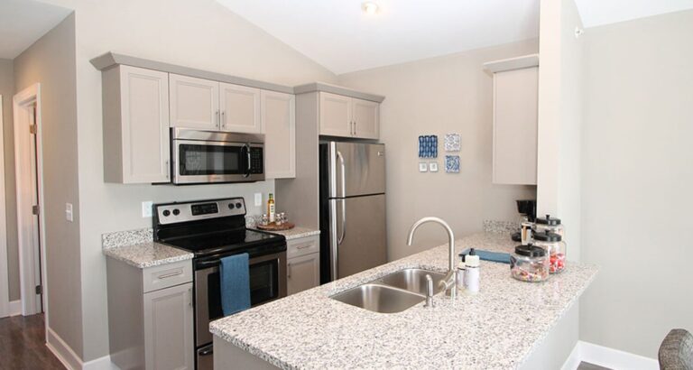 Modern kitchen with stainless steel appliances, light gray cabinets, granite countertops, and a double sink.
