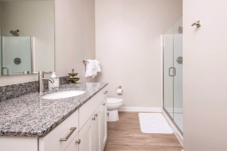 Modern bathroom with a granite countertop, glass shower, white cabinets, and light wood flooring.
