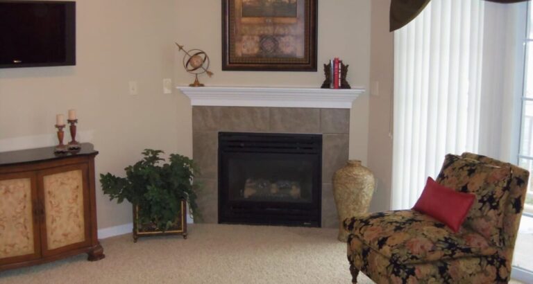 A living room corner with a fireplace, framed art, a floral chair, a plant, and decorative items on display.